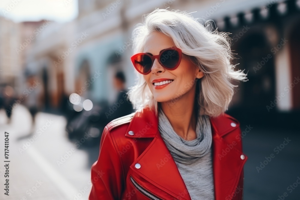 Outdoor portrait of beautiful blonde woman wearing red leather jacket and sunglasses Outdoor portrait of beautiful blonde woman wearing red leather jacket and sunglasses