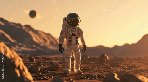 Foto Cartoon digital avatar of Space Suit Stargazer Kid Astronaut ing at the stars and planets from the surface of Mars, ready to uncover its secrets