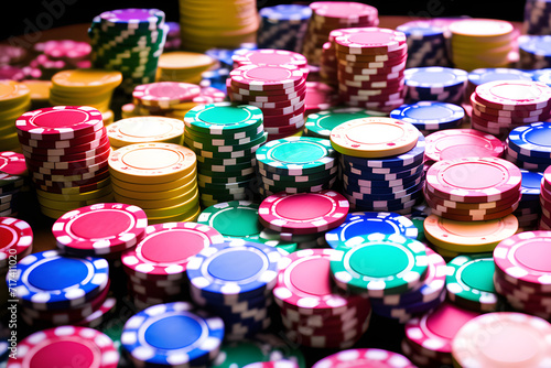 Colorful Poker Chip Stack: Carefully Stacked Colorful Chips generative ai