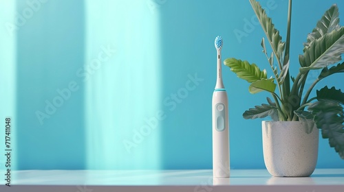 Electric modern ultrasonic automatic toothbrush on flat color table with copy space. The latest technology for effective cleaning of teeth and gums photo