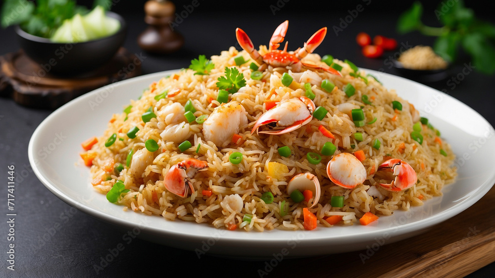 irresistible appeal of the crab fried rice on the white plate, enticing the senses and leaving the reader yearning for a taste of this delicious creation