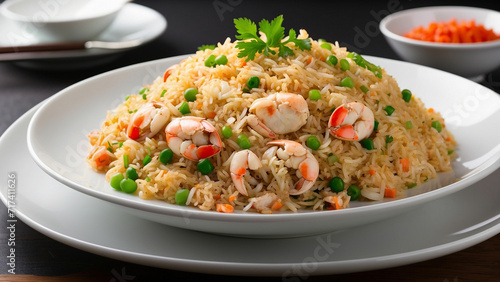 irresistible appeal of the crab fried rice on the white plate, enticing the senses and leaving the reader yearning for a taste of this delicious creation