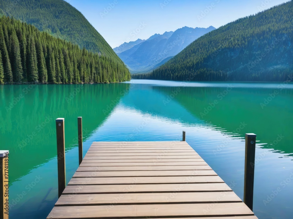A wooden dock overlooking a serene lake in the background by ai generated A wooden dock overlooking a serene lake in the background by ai generated