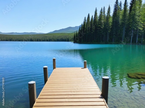 A wooden dock overlooking a serene lake in the background by ai generated
