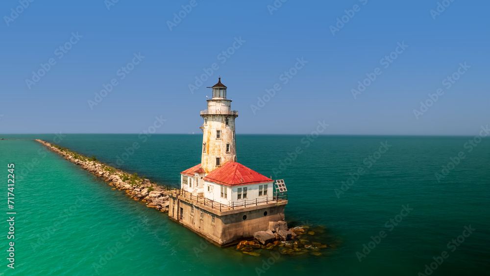 Aerial view of the Chicago harbor lighthouse.