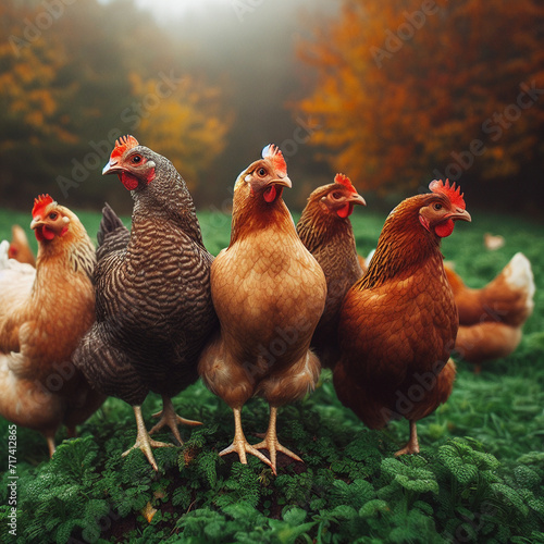 a group of chickens standing on top of a lush green field chickens