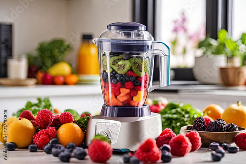 Fresh Smoothie Ingredients. Colorful fruits, berries, and veggies on a white kitchen table with a modern mixer. Healthy eating and vibrant lifestyle concept.