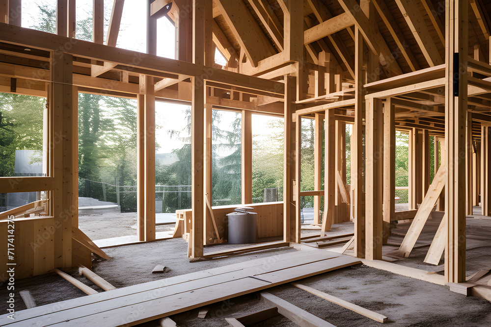Fototapeta premium A wooden house under construction: a beautiful wooden house generative ai