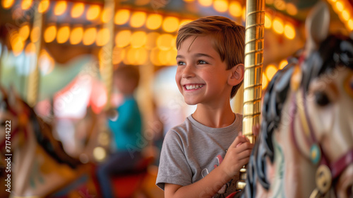 Carousel riding boy while smiling and looking at his parents to the side. Composed with copy space.