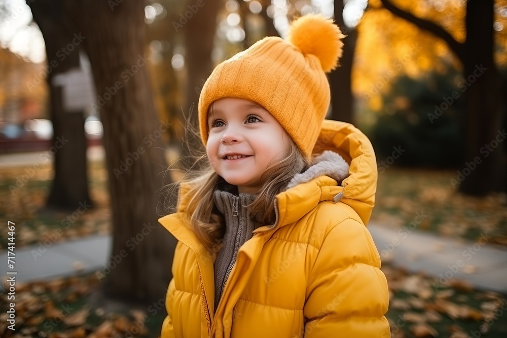 Adorable little girl in yellow jacket and hat walking in autumn park