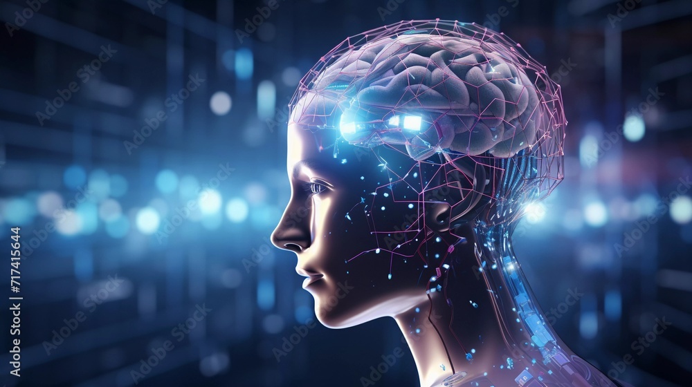 Robot with Hologram Brain Analyzes Big Data. Futuristic Mind Interface. Neon Circuitry. AI Generated Robot with Hologram Brain Analyzes Big Data. Futuristic Mind Interface. Neon Circuitry. AI Generated