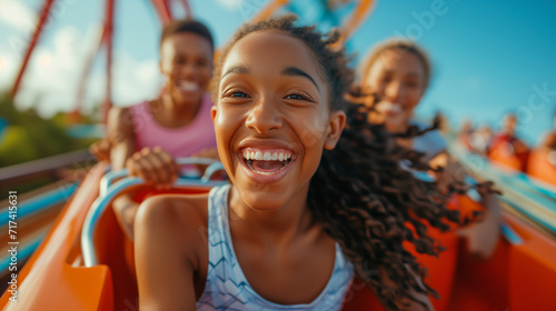 Group of black teenagers riding a roller coaster. Having a great time on roller coasters. photo