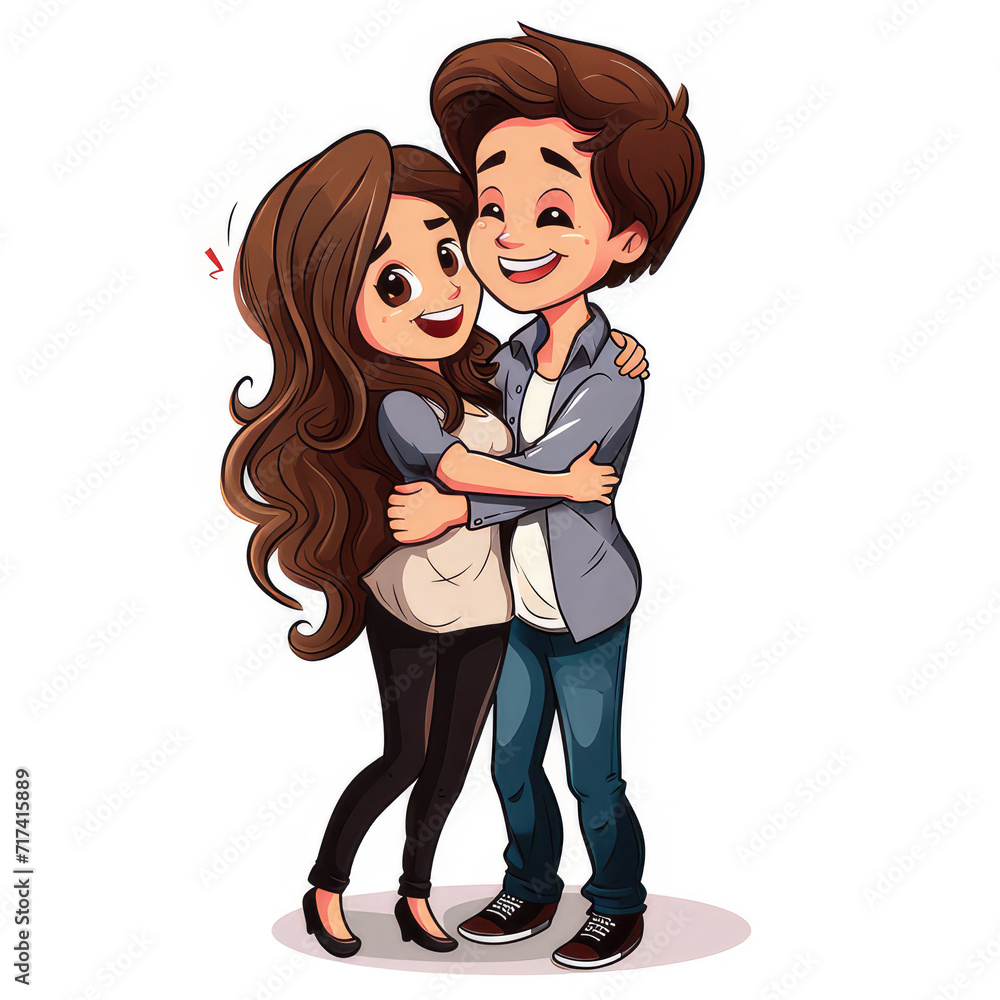 playful love, isolated white background. animated couple hugging with laughter, perfect for valentine's celebrations, relationship-themed artwork, and affectionate designs