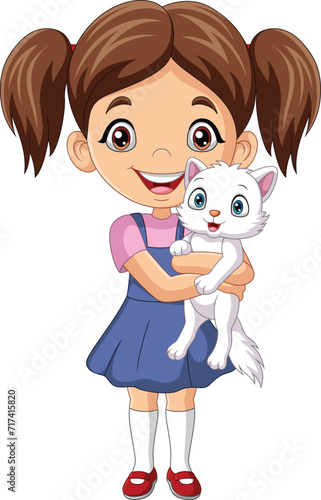 Cartoon little girl hugging her cat