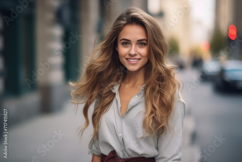 Portrait of a beautiful young woman with long wavy blond hair