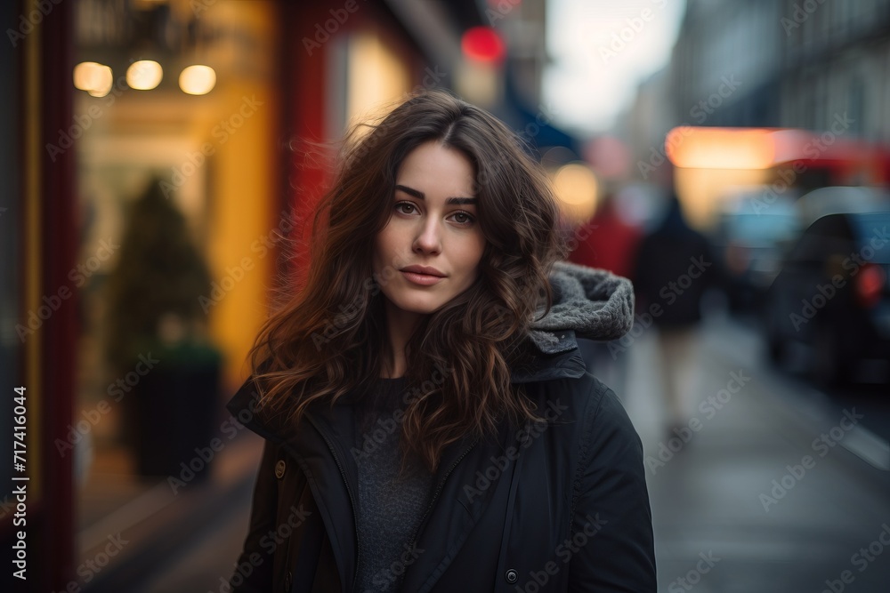 Portrait of a beautiful young brunette woman in a black coat on the street.