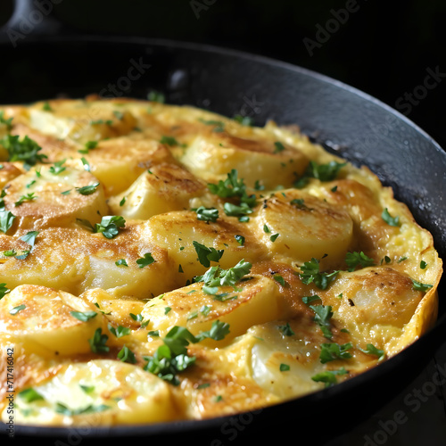 Prompt Spanish tortilla, potato omelet, in a skillet, authentic and simple, natural daylight.--v6.0 Generative AI