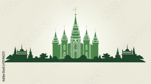 LDS Mormon temple design in blue tones. Flat graphic of The Church of Jesus Christ of Latter-day Saints