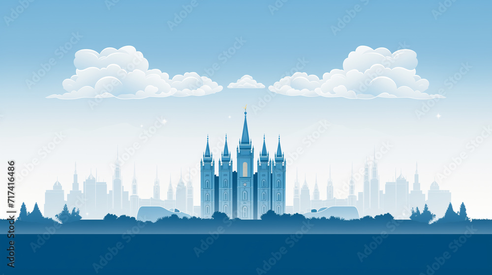 LDS Mormon temple design in blue tones. Flat graphic of The Church of Jesus Christ of Latter-day Saints