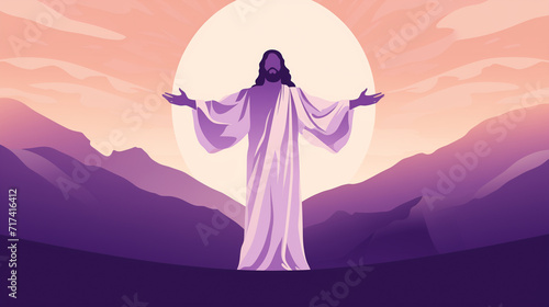 Flat illustration of Jesus Christ in purple and pale yellow tones. Spiritual leader graphic design.