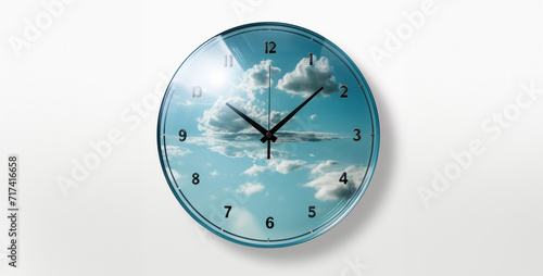 Clock with clouds on the wall. Time concept. 3D rendering, wall clock isolated on white photo