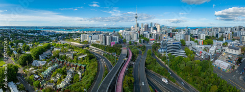 Panoramic view of Auckland city skyline from spaghetti junction #717417264