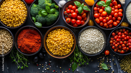 Fresh and healthy raw ingredients in bowls for a vegetarian meal.