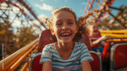 Young girl enjoying a roller coaster ride, riding downhill on a fun theme park coaster.