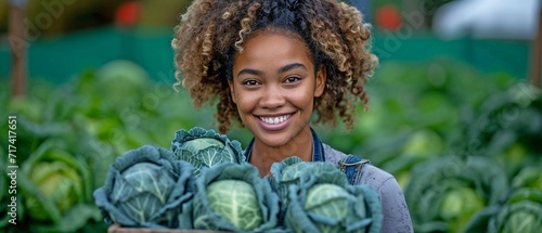 This is a picture of a committed Black lady in an outside farm, holding a crate full of fresh cabbage.