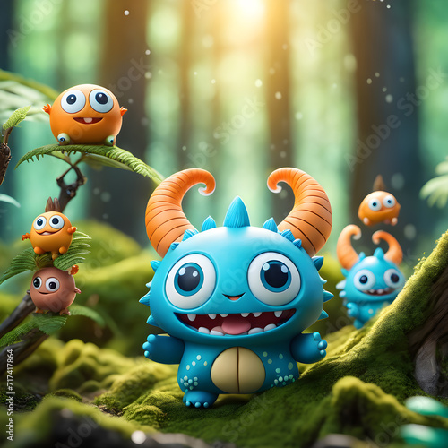 Adorable little monsters in forest with tree