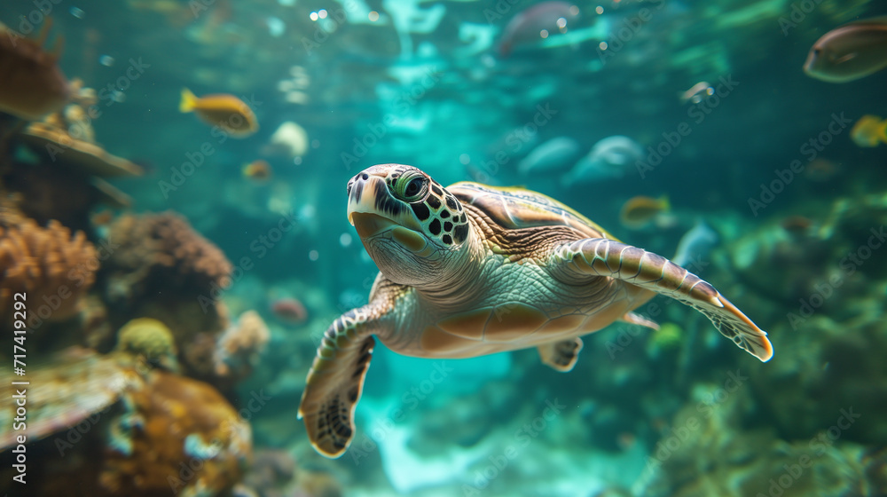 Obraz premium Hawksbill turtle swimming in the ocean.