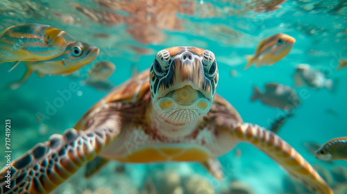Sea turtle underwater in its natural habitat.
