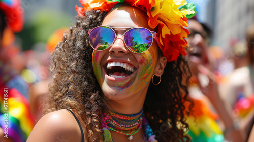 Pride parade female participant with rainbow head decor.