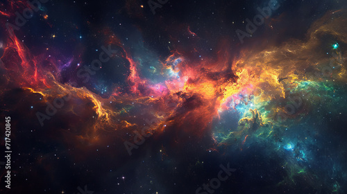 This stock photograph captures the awe-inspiring beauty of a cosmic nebula, brimming with vibrant colors and mysterious forms, as if brought to life by AI Generative artistry. photo