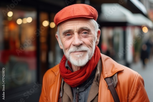 Portrait of an elderly man in a red cap on a city street.