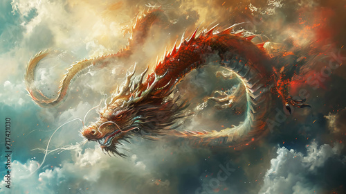 A digital fantasy of a dragon swirling through stormy clouds, full of fury and grace.