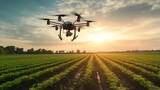 Drone spraying fertilizer on vegetable green plants futuristic technologies of the future generative ai