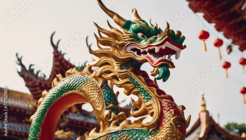 Year of the dragon. Colorful dragon statue prominently featured in a temple setting.
