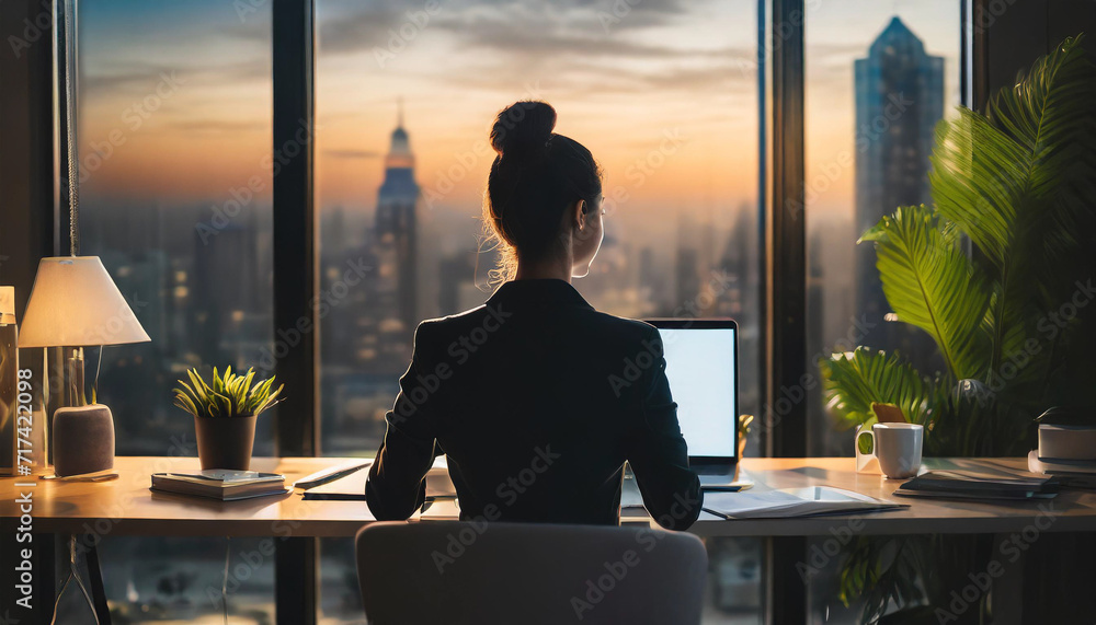 Silhouette of focused young businesswoman working late in a home office, capturing determination and dedication with a touch of professional grace Silhouette of focused young businesswoman working late in a home office, capturing determination and dedication with a touch of professional grace