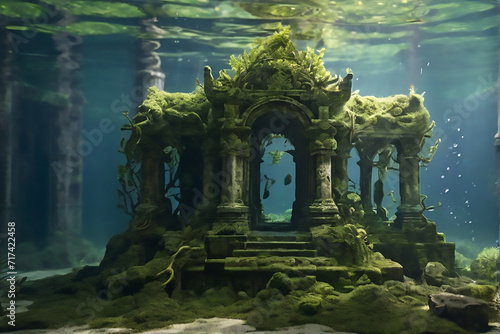 3D Illustration, selective focused, blurred, lost city of Atlantis chaotic ocean
