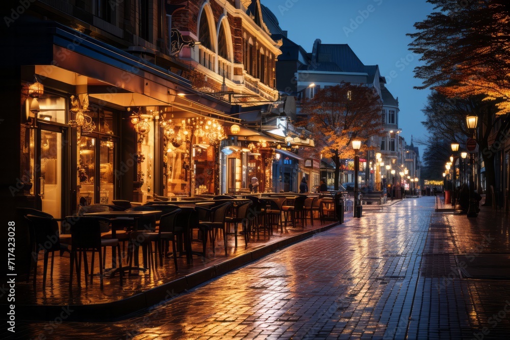 Bustling urban street with illuminated bars and restaurants at twilight, Generative AI