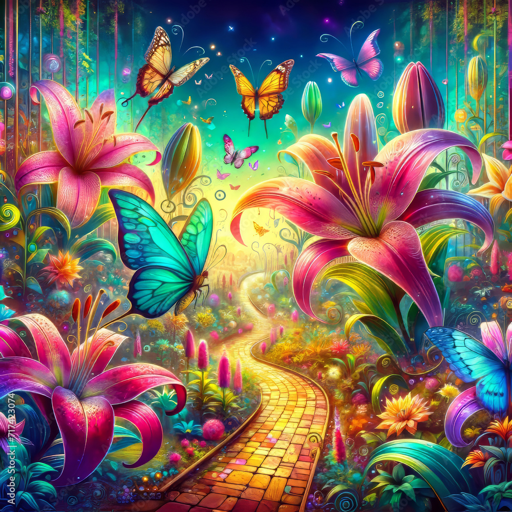 Enchanted Butterfly Garden Pathway.
A vibrant pathway through a magical garden with fluttering butterflies and glowing flowers.