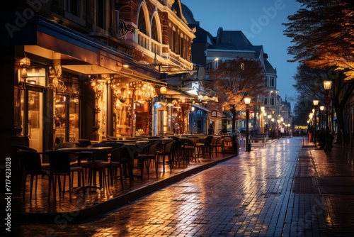 Bustling urban street with illuminated bars and restaurants at twilight, Generative AI © Shooting Star Std