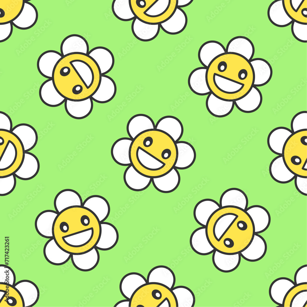 Fototapeta premium Laughing hippie chamomiles vector seamless pattern. Best for textile, wallpapers, home decoration, wrapping paper, package and web design.