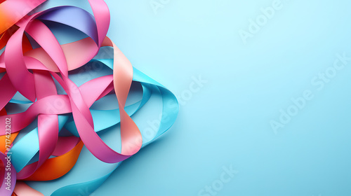 Colorful ribbons on light blue background, World Cancer Day