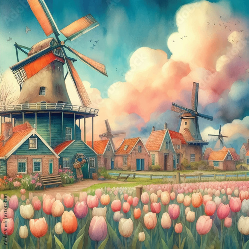 tulip flowers field near windmills