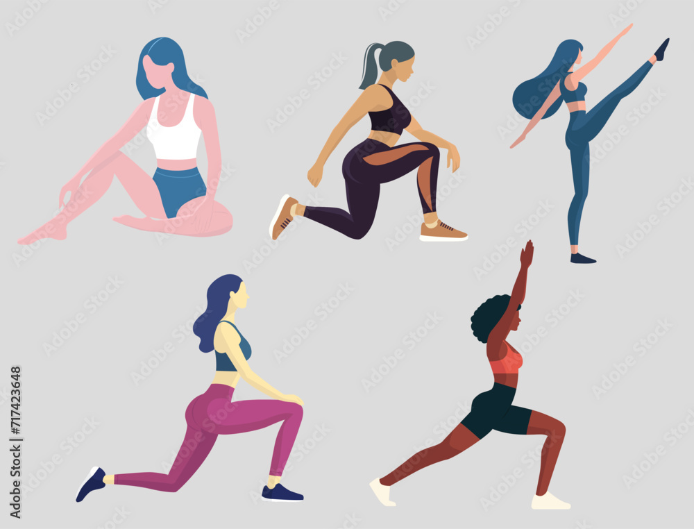 set of woman doing yoga and exercise illustration