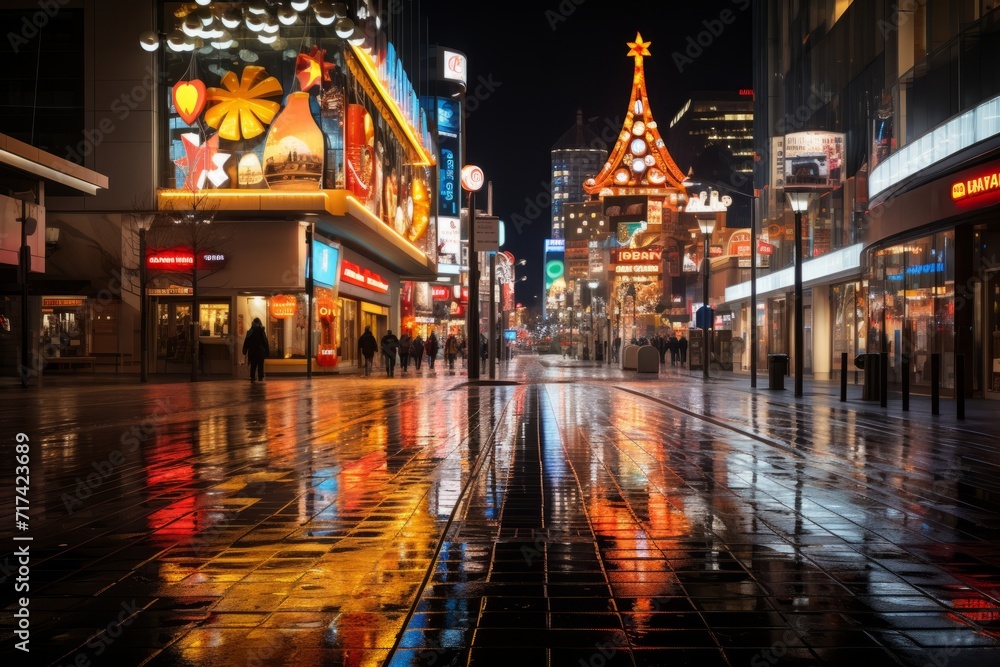 Fototapeta premium Busy intersection with neon signs showcasing the city's diverse dining options, Generative AI
