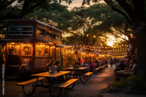City park featuring a pop-up beer garden and food trucks during twilight, Generative AI