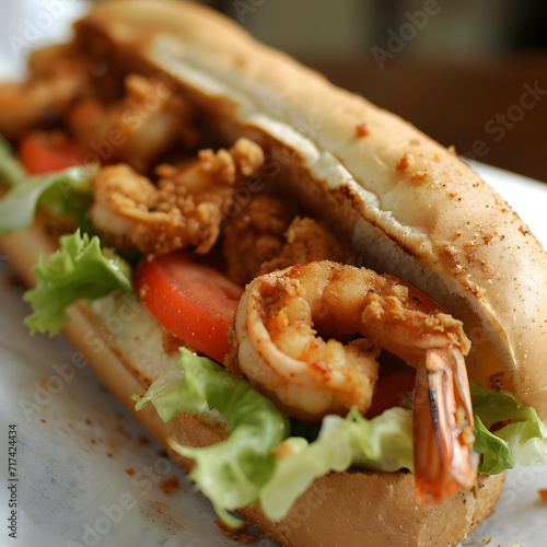 Prompt Po' boy sandwich, crispy shrimp, on a hoagie roll, casual, natural light.--v6.0 Generative AI